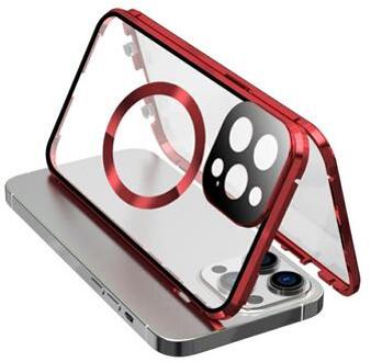 Dubbelzijdig beschermhoesje van gehard glas + magnetisch metalen frame tegen vallen voor iPhone 15 Compatibel met MagSafe telefoonhoes met gespvergrendeling - Rood