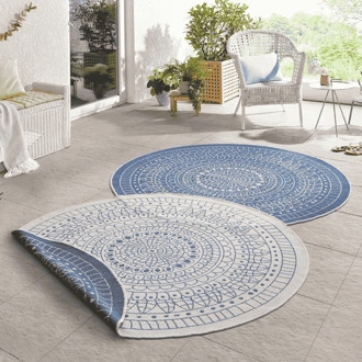 Dubbelzijdig Buitenkleed Porto Rond - Blauw Creme Xcm - - Dekbed-Discounter.nl