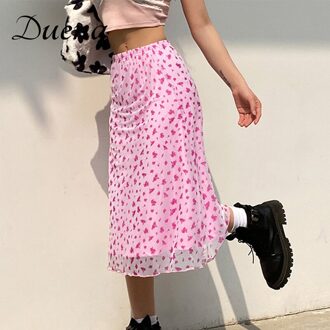 Duena Midi Rok Roze Bloemenprint Vrouwen Kleding Met Voering Esthetische Mode Rechte Y2K Mesh Zomer Rokken Vrouwen