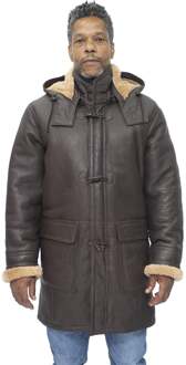 Duffelcoat van schapenvachtleer voor heren met capuchon-Hanko - maat L Bruin