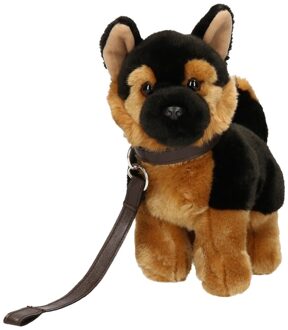 Duitse Herdershond knuffel - 22 cm - pluche - met riem - hond - hondenknuffel Multi