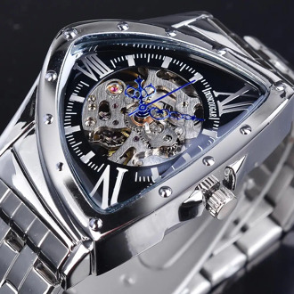 DUNCOUGAR Skeleton Triangle Dial Mechanical Automatic Watch Silver Waterproof Stainless Steel Irregular Casual Business Watch