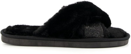 Dune London Dune Dames WINTA Diamante Kruisband Faux Bonten Slippers Zwart - M
