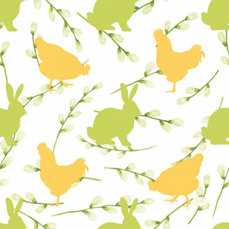 duni 20x stuks Pasen servetten konijnen en hanen geel / groen 33 x 33 cm