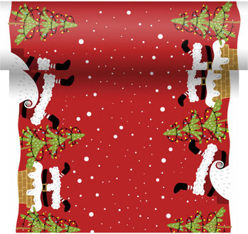 duni Kerst thema tafellopers/placemats rood met kerstmannen en kerstbomen 40 x 480 cm - Tafellakens Multikleur