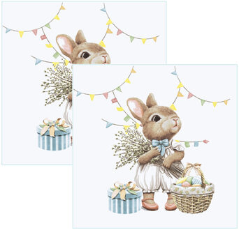 duni Paas thema servetten Bunny Joy - 40x - konijn print - 24 x 24 cm - feestservetten - Paasontbijt