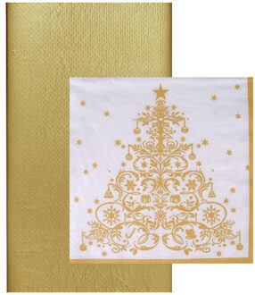 duni Papieren tafelkleed/tafellaken goud inclusief kerst servetten