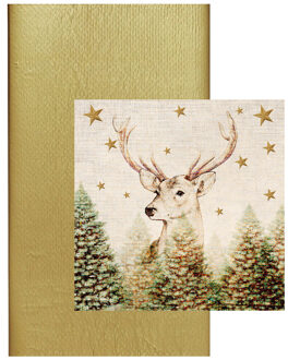 duni Papieren tafelkleed / tafellaken goud - inclusief kerst thema servetten - Gedekte Kerstdiner tafel