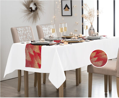 duni Wit tafelkleed 138 x 220 cm - met tafelloper rood/goud 28 x 300 cm - Feesttafelkleden