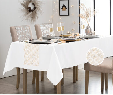 duni Wit tafelkleed/tafellaken 138 x 220 cm - met tafelloper wit/goud 28 x 300 cm