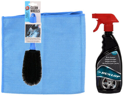 Dunlop auto velgen schoonmaken set - borstel/spray/doek - velgenreiniger pakket - blauw