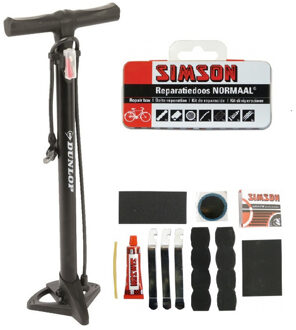Dunlop Complete fietsband reparatie set met fietspomp en repair kit - Fietspompen Zwart
