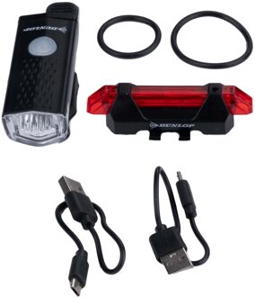 Dunlop Fietsverlichting Set - 2 Stuks: Rood / Wit Licht - Heroplaadbaar - Installatie Zonder Gereedschap Zwart