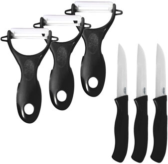 Dunschiller Met fruitmesje - 3x - zwart - kunststof - 15 cm - aardappelschiller en extra schilmesje