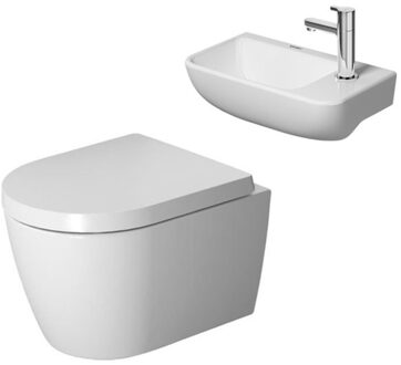 Duravit Me by starck Toiletset wandcloset compact softclose zitting glans wit en fonteinset wit 40x22cm incl fonteinkraan en sifon chroom sw115544/sw448662 Wit glans