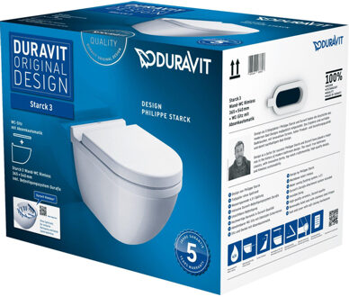 Duravit Starck 3 wandclosetset diepspoel spoelrandloos 36x54cm met softclose closetzitting Wondergliss wit 45270900A11