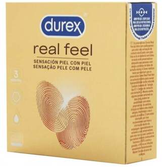 Durex Real Feel (Nude) Latexvrije Condooms Durex Real Feel - 12 latex vrije condooms (4x3) Transparant - 56 (omtrek 11,5-12 cm)
