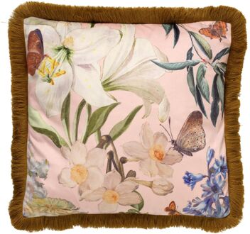 Dutch Decor HANNA - Kussenhoes 45x45 cm - bloemen - vlinders - franjes - Dusty Pink - roze