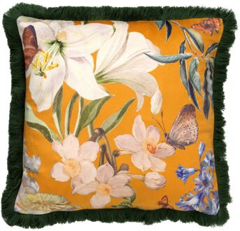 Dutch Decor HANNA - Kussenhoes 45x45 cm - bloemen - vlinders - franjes - Golden Glow - geel