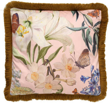 Dutch Decor HANNA - Sierkussen 45x45 cm - bloemen - vlinders - franjes - Dusty Pink - roze