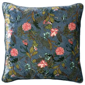 Dutch Decor MIKKY - Kussenhoes 45x45 cm - velvet - bloemen - provincial blue - blauw - roze - groen - streepjes