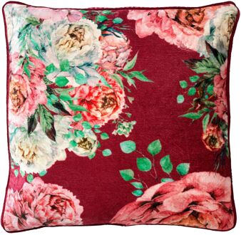 Dutch Decor MINOU - Kussenhoes 45x45 cm - velvet - bloemen - red plum - roze - rood - groen - streepjes