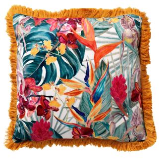 Dutch Decor TROPICANA - Kussenhoes velvet 45x45 cm - Golden Glow - geel - bloemenpatroon - franjes