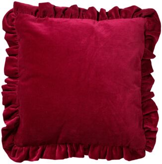 Dutch Decor YARA - Kussenhoes 45x45 cm - 100% katoen - velvet - met ruches - Red Plum - donkerroze Rood