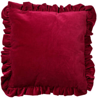 Dutch Decor YARA - Sierkussen 45x45 cm - 100% katoen - velvet - met ruches - Red Plum - donkerroze Rood