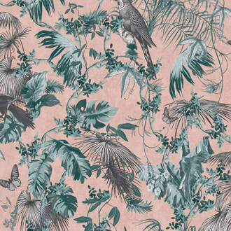 Dutch Wallcoverings Behang bladeren en vogels groen en roze