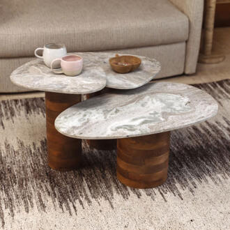 Dutchbone Organische Bijzettafel 'Suki' Marmer en mangohout, Set van 3 stuks - 73 x 41cm
