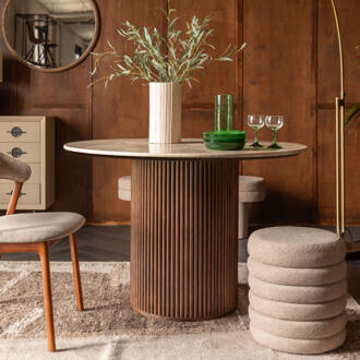 Dutchbone Ronde Eettafel 'Arda' Walnoot en travertin, 115cm - 115 cm