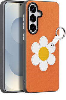 Dux Ducis Luvy Samsung Galaxy S26 Ultra PU-leren backcover hoes met ringhouder - Madeliefje/Oranje