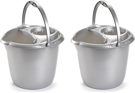 Dweilemmer - 2x stuks - 15 liter - zilver grijs - mopemmer - 38 cm