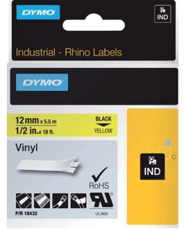 Dymo Labeltape Dymo Rhino 18432 12mmx5.5m vinyl zwart op geel