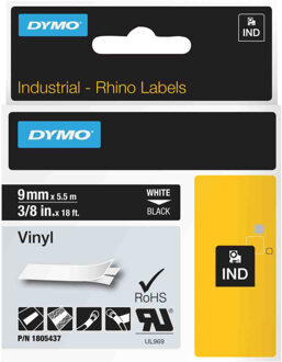 Dymo RHINO vinyltape 9 mm, wit op zwart