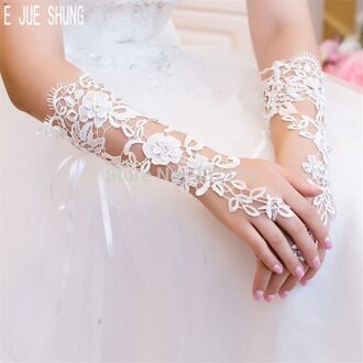 E Jue Shung Witte Bruids Handschoenen Elleboog Lengte Lange Kant Geappliceerd Vingerloze Crystal Kralen Womanwedding Handschoenen Ivoor