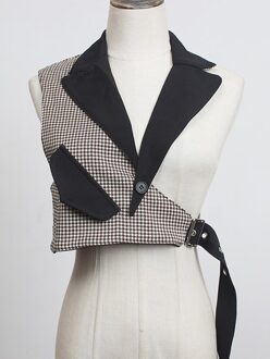 [Eam] Vrouwen Zwarte Plaid Onregelmatige Stitch Loose Fit Vest V-Kraag Mouwloze Mode Tij Lente Herfst 1DC530 khaki plaid