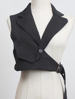 [Eam] Vrouwen Zwarte Plaid Onregelmatige Stitch Loose Fit Vest V-Kraag Mouwloze Mode Tij Lente Herfst 1DC530