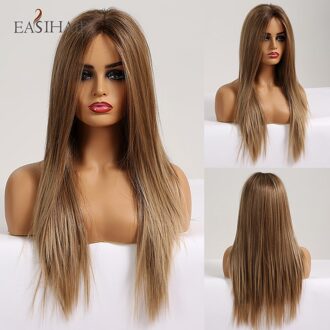 Easihair Lange Rechte Ombre Licht Blond Met Bruin Wortels Synthetisch Deel Lace Pruiken Voor Vrouwen Natuurlijk Haar Hittebestendige Vezel bl66027-1