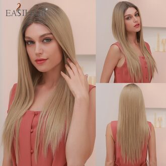 Easihair Lange Rechte Ombre Licht Blond Met Bruin Wortels Synthetisch Deel Lace Pruiken Voor Vrouwen Natuurlijk Haar Hittebestendige Vezel bl66027-2