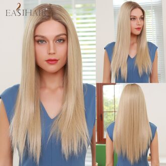 Easihair Lange Rechte Ombre Licht Blond Met Bruin Wortels Synthetisch Deel Lace Pruiken Voor Vrouwen Natuurlijk Haar Hittebestendige Vezel bl66035-2