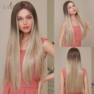 Easihair Lange Rechte Ombre Licht Blond Met Bruin Wortels Synthetisch Deel Lace Pruiken Voor Vrouwen Natuurlijk Haar Hittebestendige Vezel bl66039-1