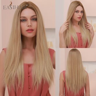 Easihair Lange Rechte Ombre Licht Blond Met Bruin Wortels Synthetisch Deel Lace Pruiken Voor Vrouwen Natuurlijk Haar Hittebestendige Vezel bl66101-1