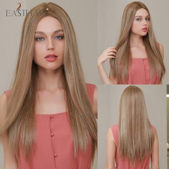 Easihair Lange Rechte Ombre Licht Blond Met Bruin Wortels Synthetisch Deel Lace Pruiken Voor Vrouwen Natuurlijk Haar Hittebestendige Vezel bl66103-1