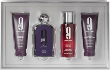 Eau de Parfum en Bodylotion Afnan 9 PM Femme Edp + Shower Gel + Body Mist + Body Lotion Set 100 ml + 100 ml + 150 ml + 100 ml