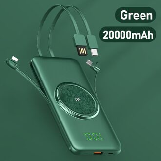 Ebaicase 20000Mah Draadloze Oplader Power Bank Voor Xiaomi Iphone Samsung Externe Batterij Powerbank Ingebouwde 4 Kabels Powerbank 20000mAh groen