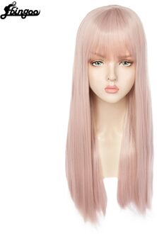 【Ebingoo】 Haar Cap + Witte Hoge Temperatuur Fiber Natuurlijke Rechte Lange Wit Grijs Bruin Roze Synthetische Pruik Met Pony Voor vrouwen DM1707539