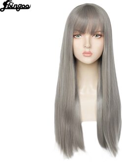 【Ebingoo】 Haar Cap + Witte Hoge Temperatuur Fiber Natuurlijke Rechte Lange Wit Grijs Bruin Roze Synthetische Pruik Met Pony Voor vrouwen DM1707541