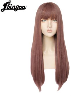 【Ebingoo】 Haar Cap + Witte Hoge Temperatuur Fiber Natuurlijke Rechte Lange Wit Grijs Bruin Roze Synthetische Pruik Met Pony Voor vrouwen DM1707544